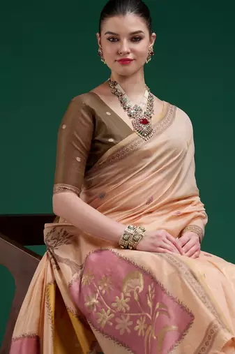 Peach cotton silk printed saree with blouse