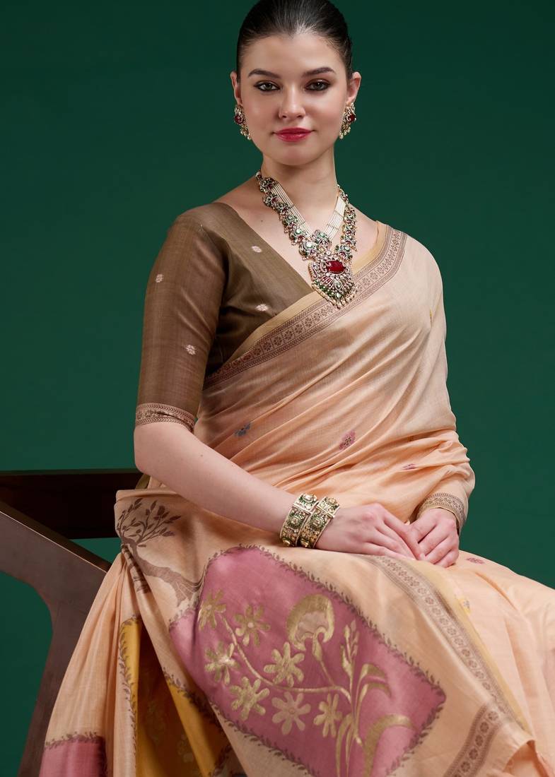Peach cotton silk printed saree with blouse