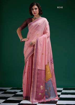 Pink cotton silk printed saree with blouse 1