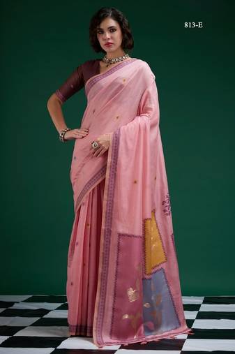 Pink cotton silk printed saree with blouse