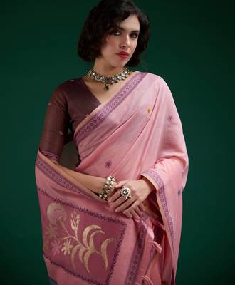 Pink cotton silk printed saree with blouse 2