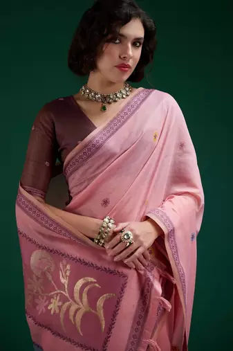 Pink cotton silk printed saree with blouse