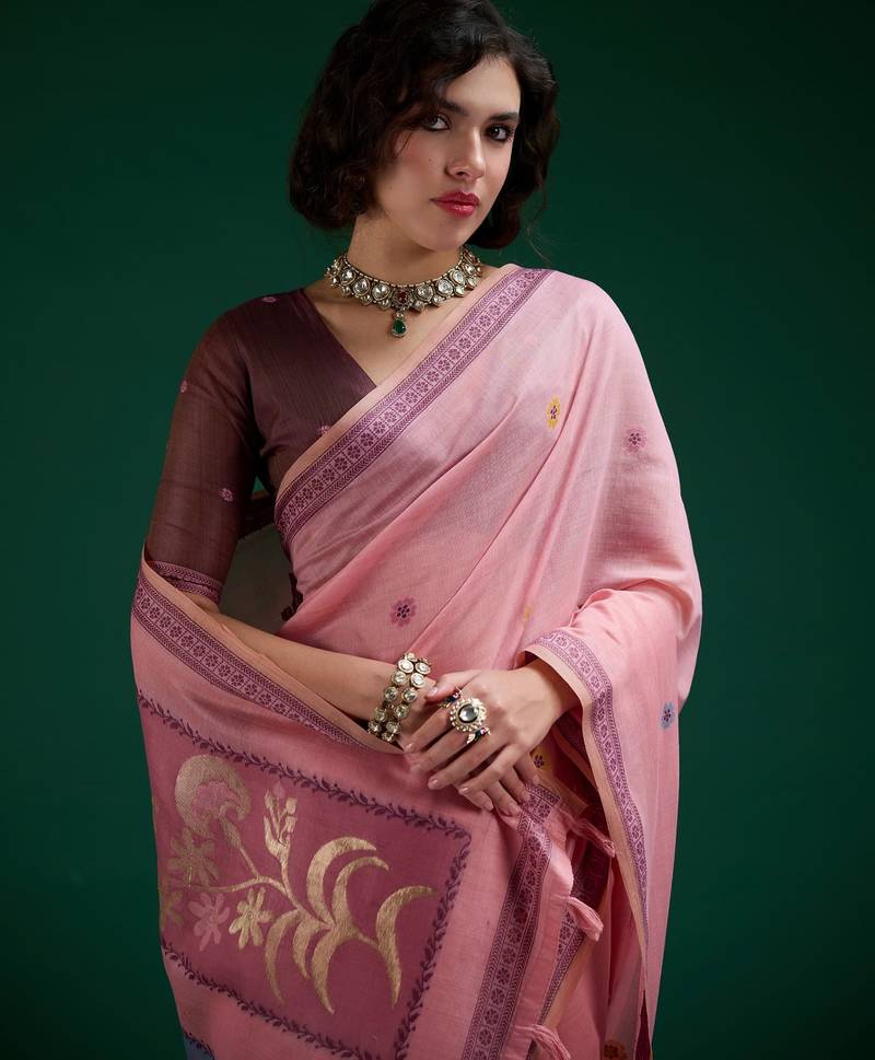 Pink cotton silk printed saree with blouse