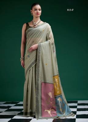 Sage cotton silk printed saree with blouse 1