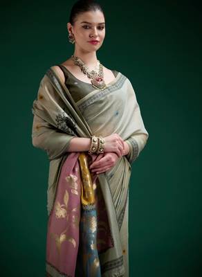 Sage cotton silk printed saree with blouse 2