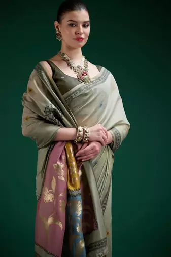 Sage cotton silk printed saree with blouse
