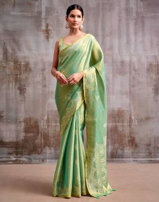 green tissue saree with blouse 1