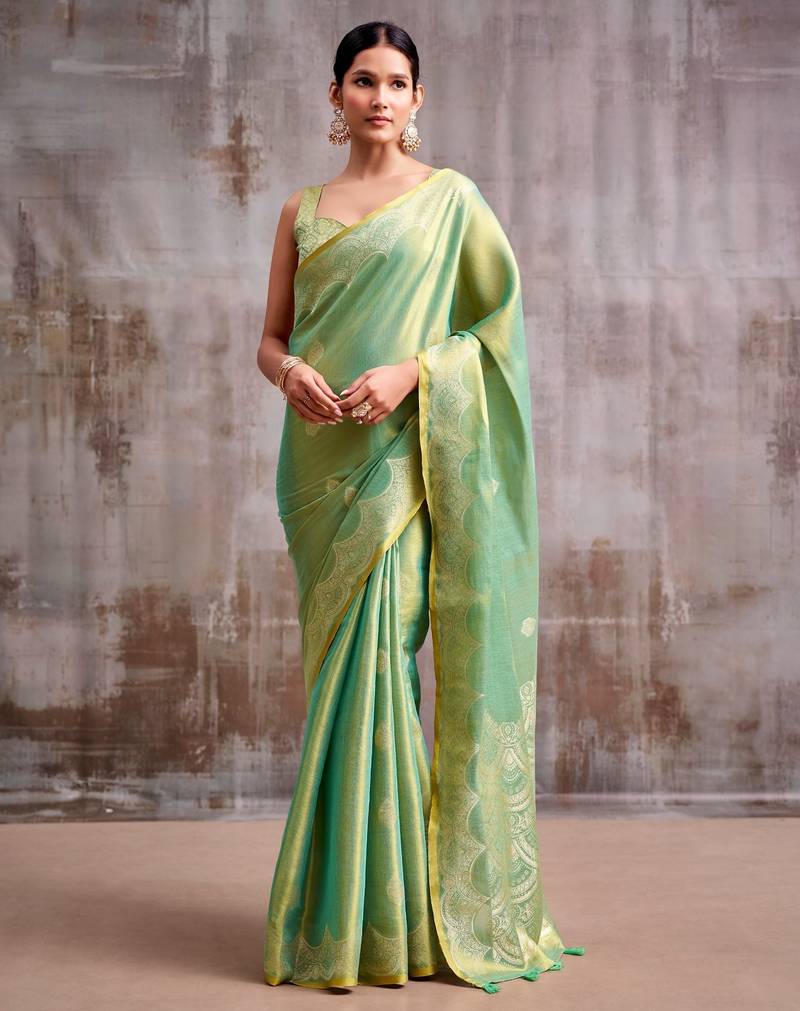 green tissue saree with blouse