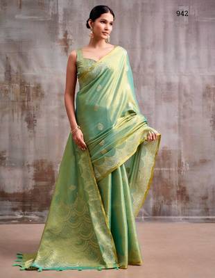 green tissue saree with blouse 2