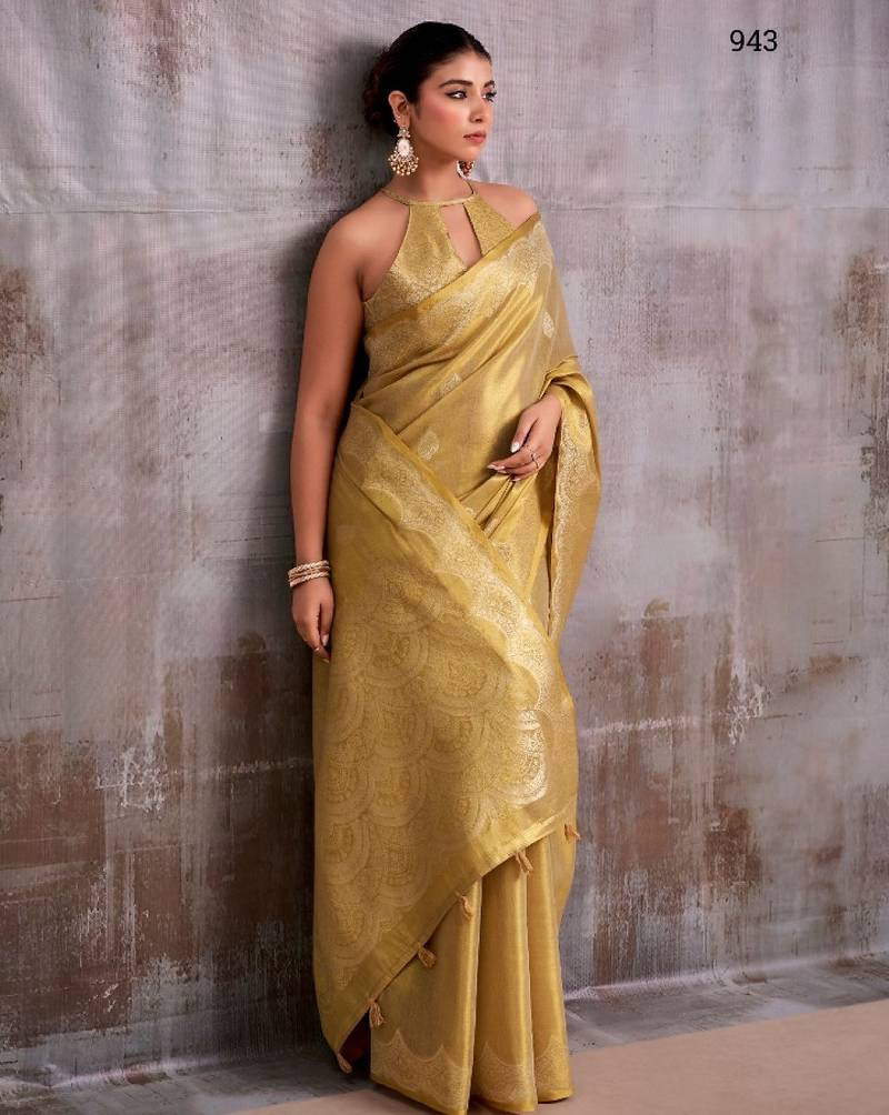 golden tissue saree with blouse