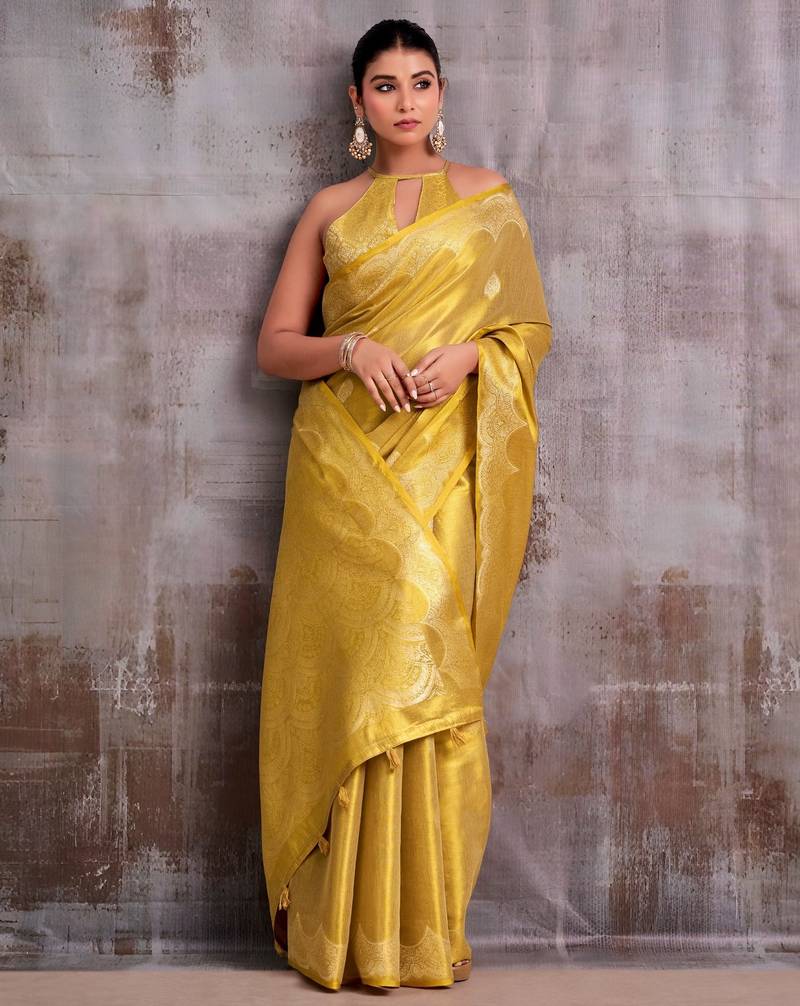 yellow tissue saree with blouse