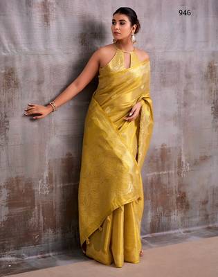 yellow tissue saree with blouse 2