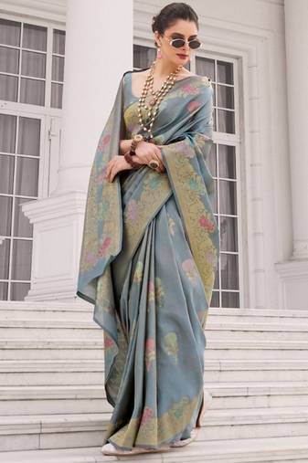 Blue silk blend saree with blouse