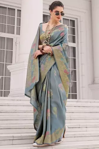 Blue silk blend saree with blouse