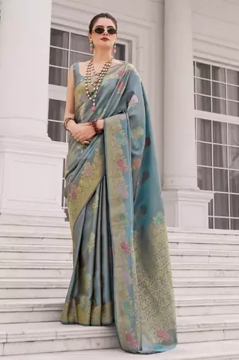 Blue silk blend saree with blouse