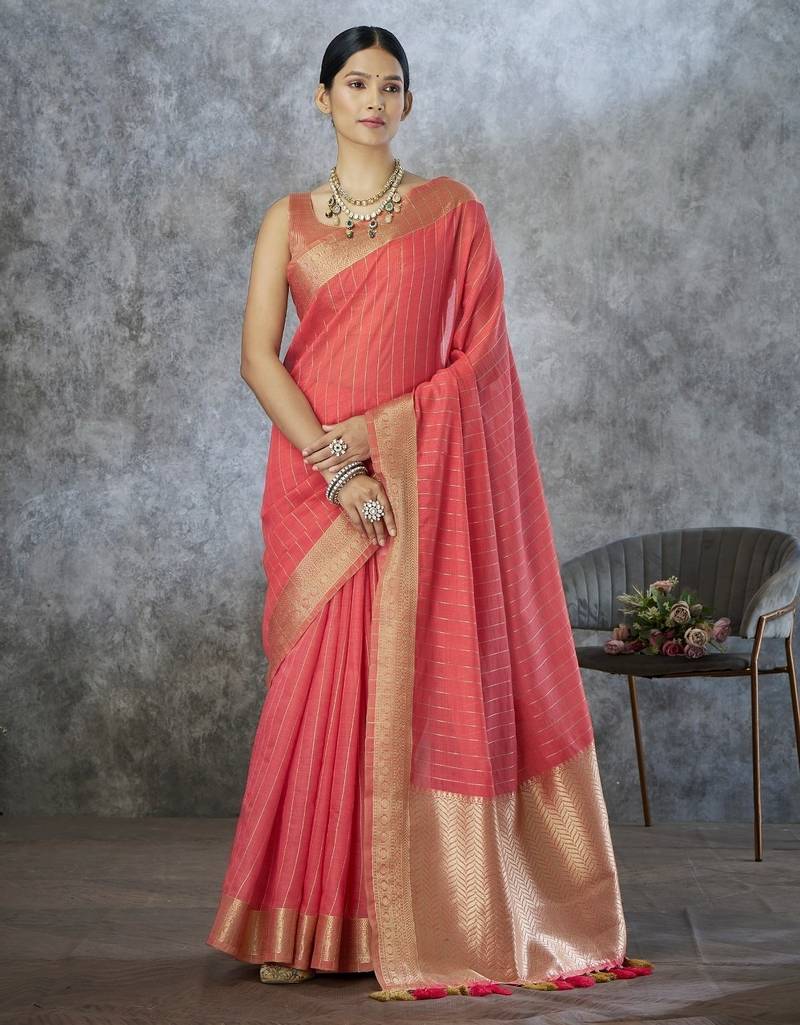 Peach cotton silk saree with blouse
