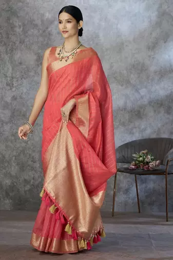 Peach cotton silk saree with blouse