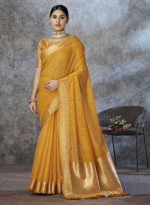 Yellow cotton silk saree with blouse 1