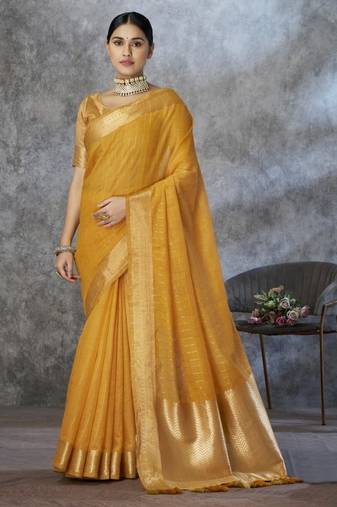 Yellow cotton silk saree with blouse