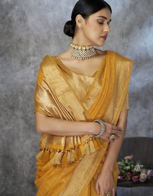 Yellow cotton silk saree with blouse 2