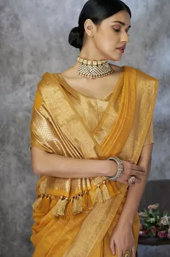 Yellow cotton silk saree with blouse
