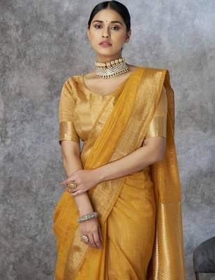 Yellow cotton silk saree with blouse 3