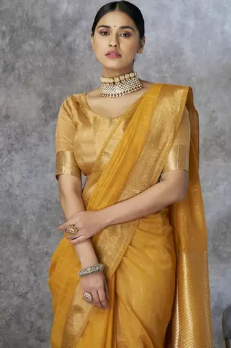 Yellow cotton silk saree with blouse