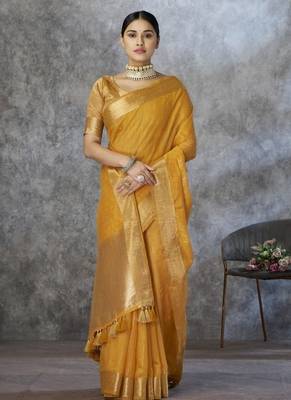 Yellow cotton silk saree with blouse 4