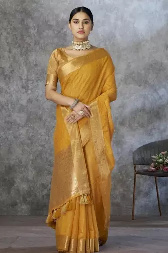 Yellow cotton silk saree with blouse