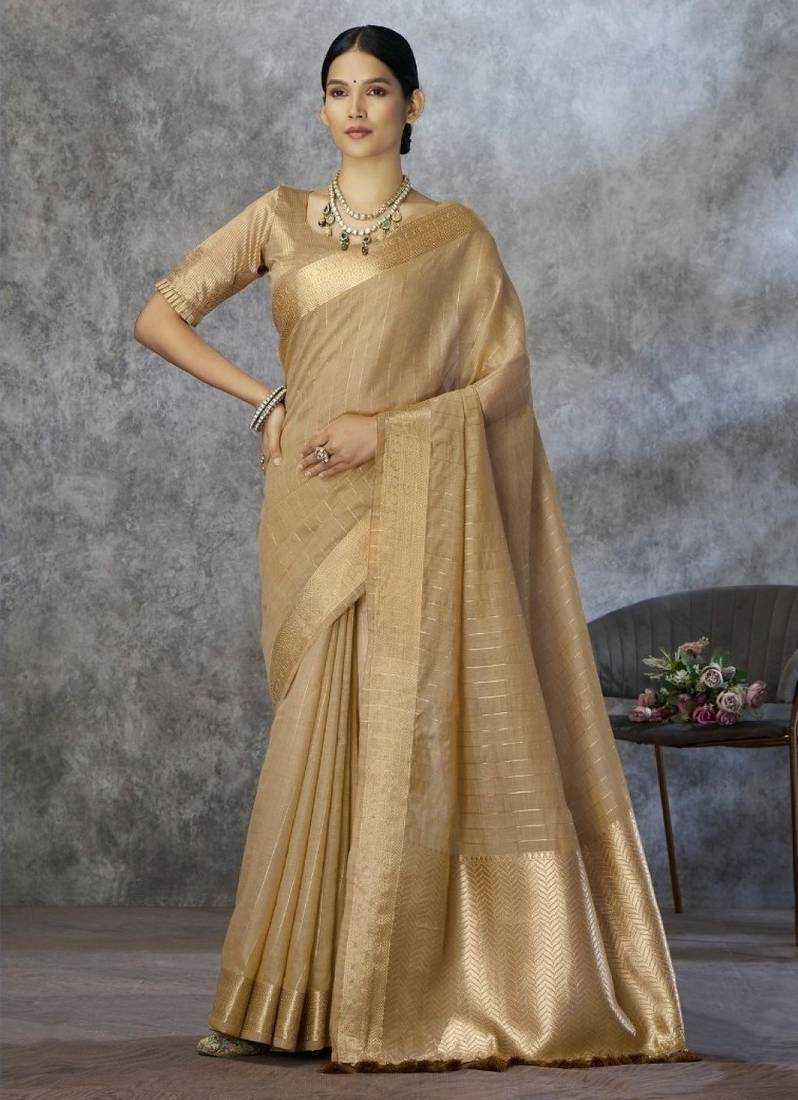 Beige cotton silk saree with blouse
