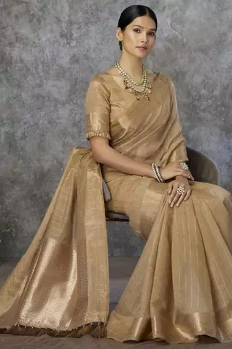 Beige cotton silk saree with blouse