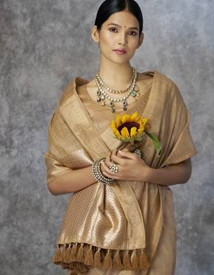 Beige cotton silk saree with blouse 3