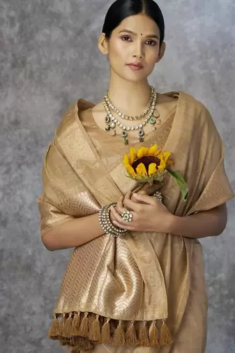 Beige cotton silk saree with blouse