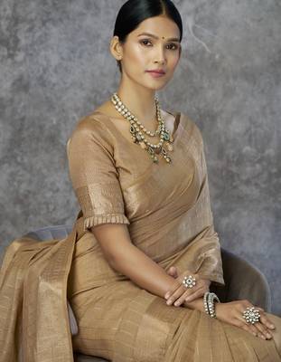 Beige cotton silk saree with blouse 4