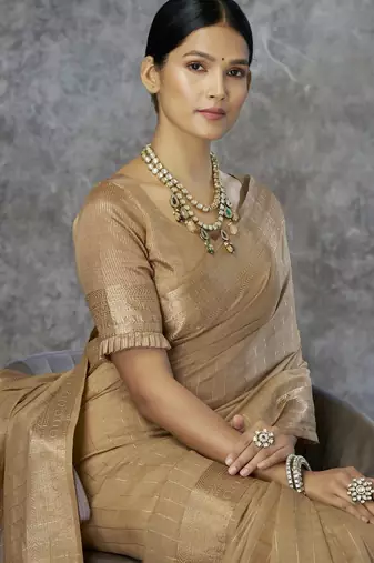 Beige cotton silk saree with blouse