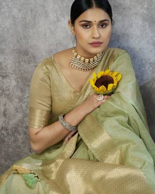 Pista cotton silk saree with blouse 2