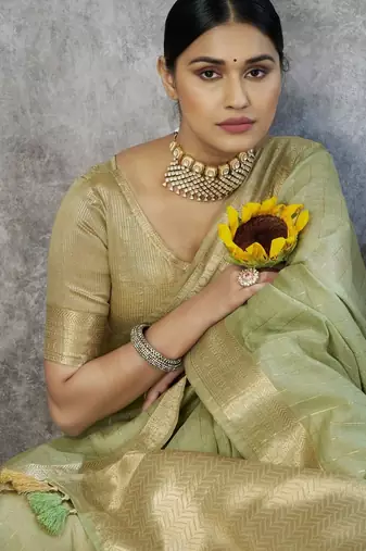 Pista cotton silk saree with blouse