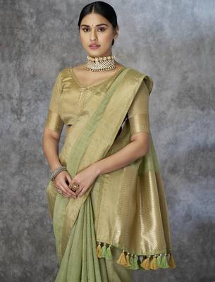 Pista cotton silk saree with blouse 3