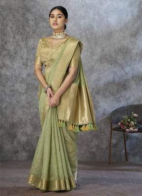Pista cotton silk saree with blouse 4