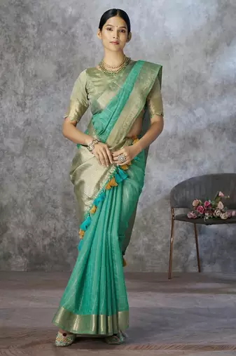Blue cotton silk saree with blouse