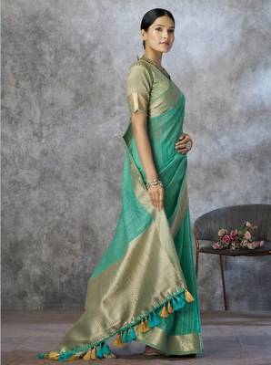 Blue cotton silk saree with blouse 4