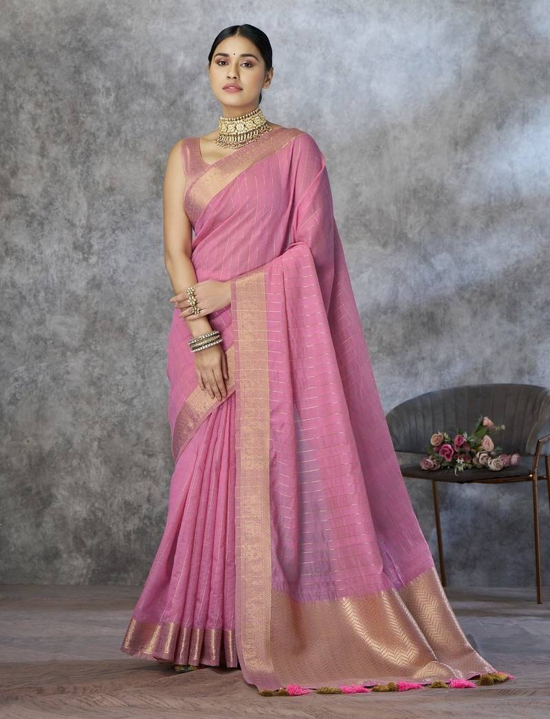 Pink cotton silk saree with blouse