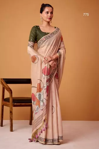 Peach cotton silk printed saree with blouse