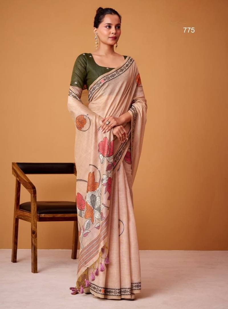 Peach cotton silk printed saree with blouse