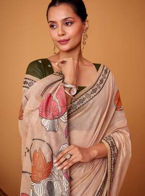 Peach cotton silk printed saree with blouse 2