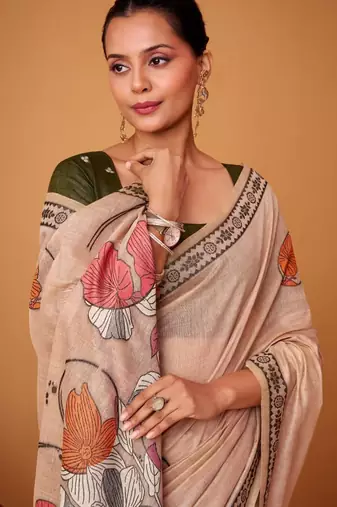 Peach cotton silk printed saree with blouse