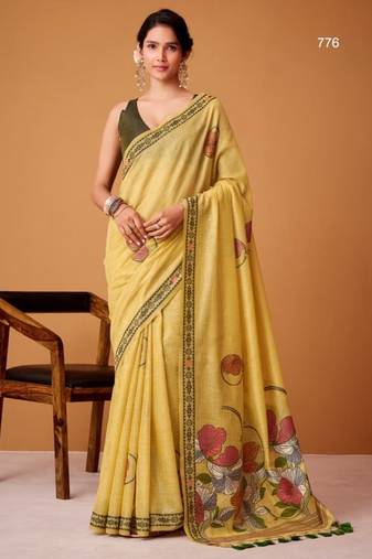 Yellow cotton silk printed saree with blouse
