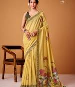 Yellow cotton silk printed saree with blouse
