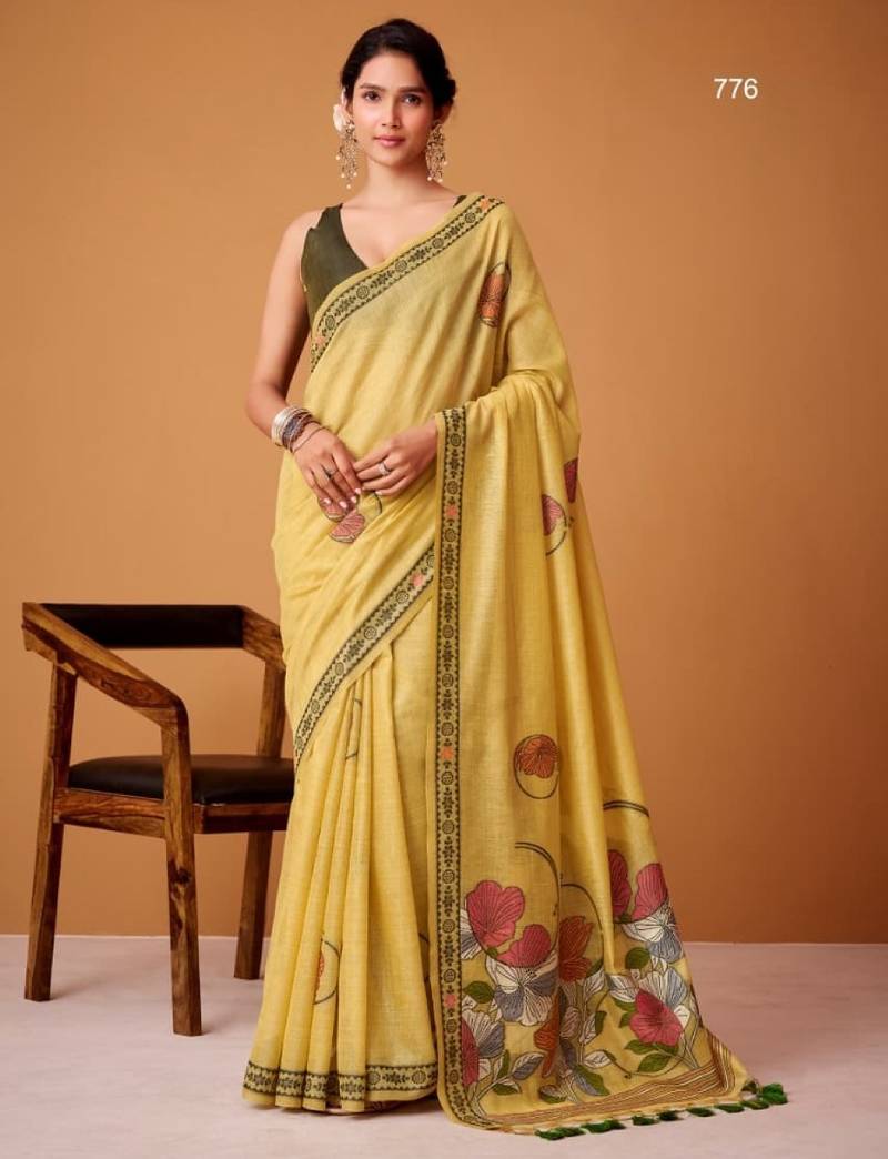 Yellow cotton silk printed saree with blouse