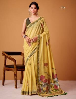 Yellow cotton silk printed saree with blouse 2